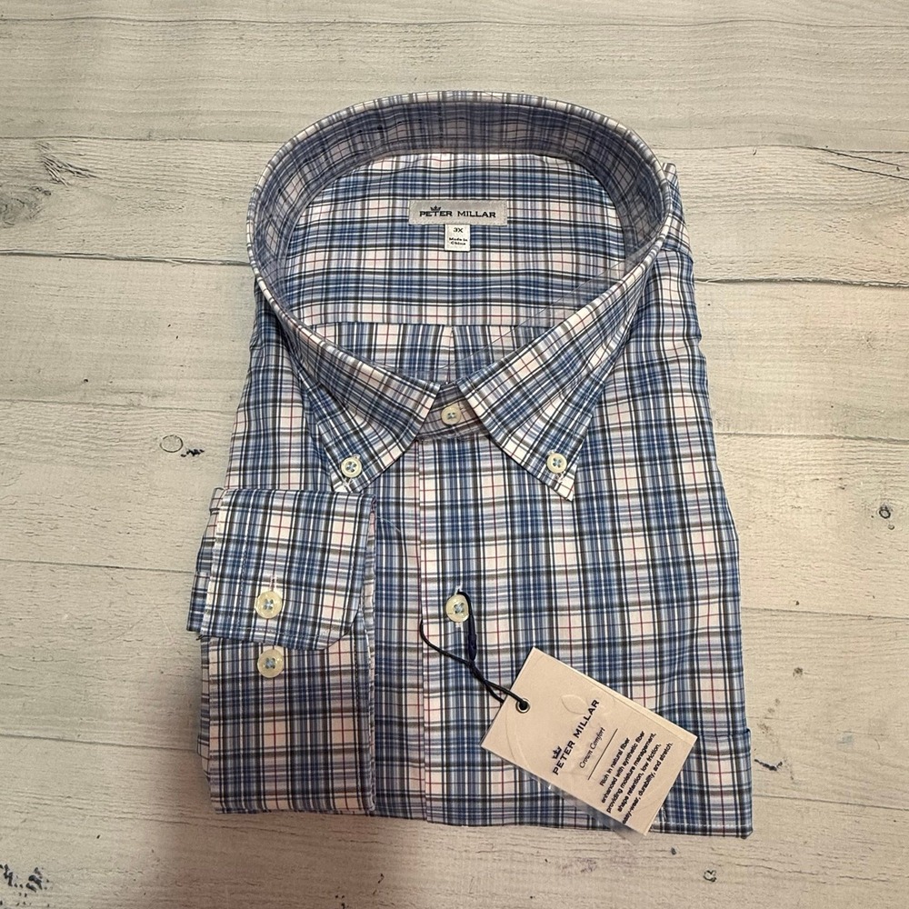 PETER MILLAR Douglas Blue Plaid button down Sport Shirt men's 3X NEW